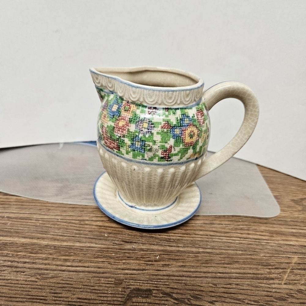 Vintage 30s Petit-point Floral Creamer with Attached Base